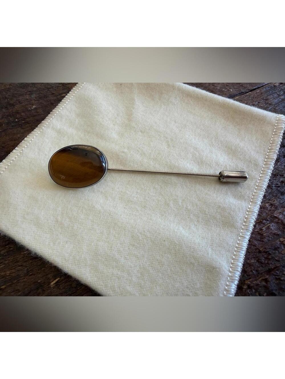 Vintage Sterling Silver Tiger's Eye Stick Pin Lapel Pin